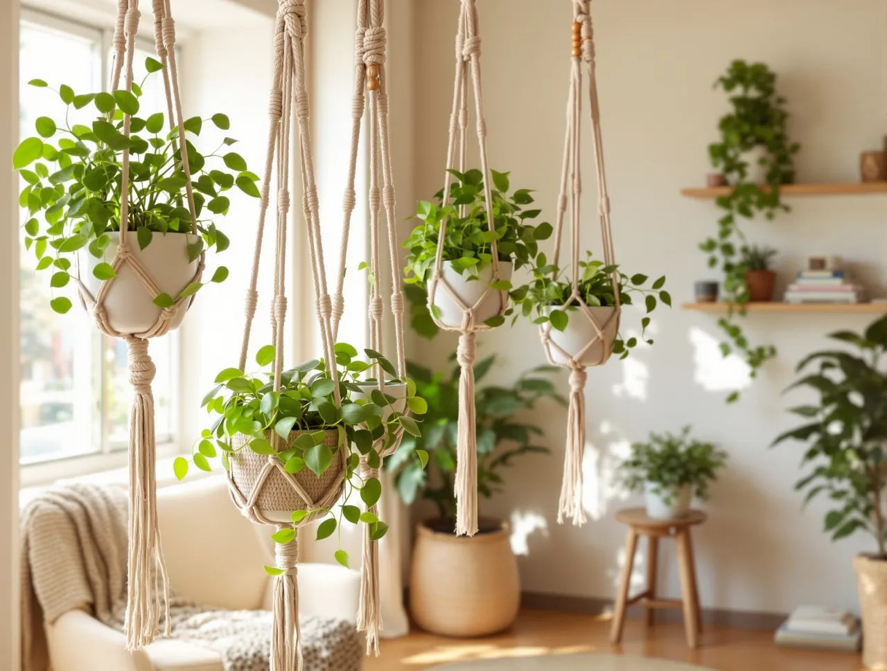 przykłady kwietnik&oacute;w makramowych z r&oacute;żnej grubości sznurka