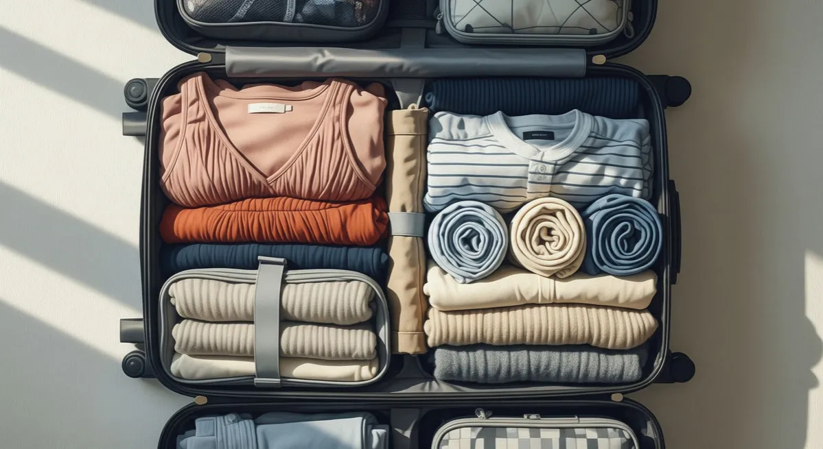 różne zestawy ubrań w walizce, ubrania na różne okazje w podróży