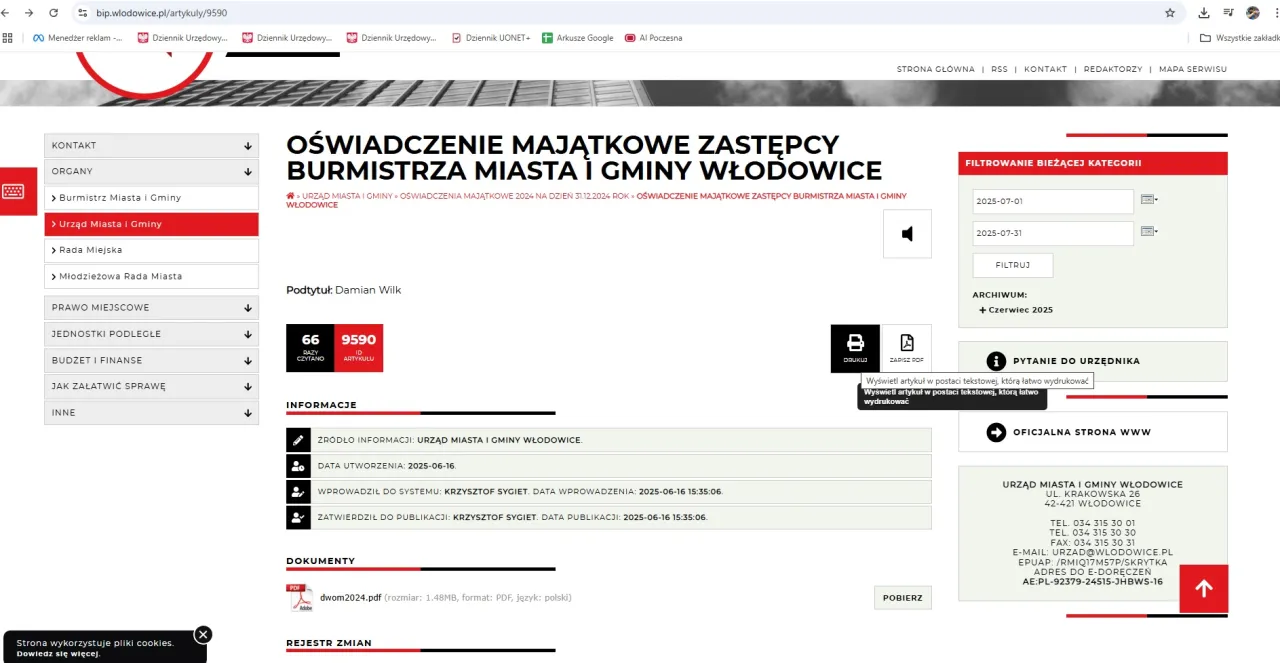 Strona BIP z opublikowanym oświadczeniem majątkowym (przykładowa anonimowa)