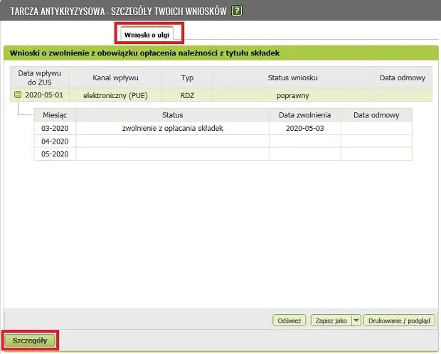 PUE ZUS status wniosku