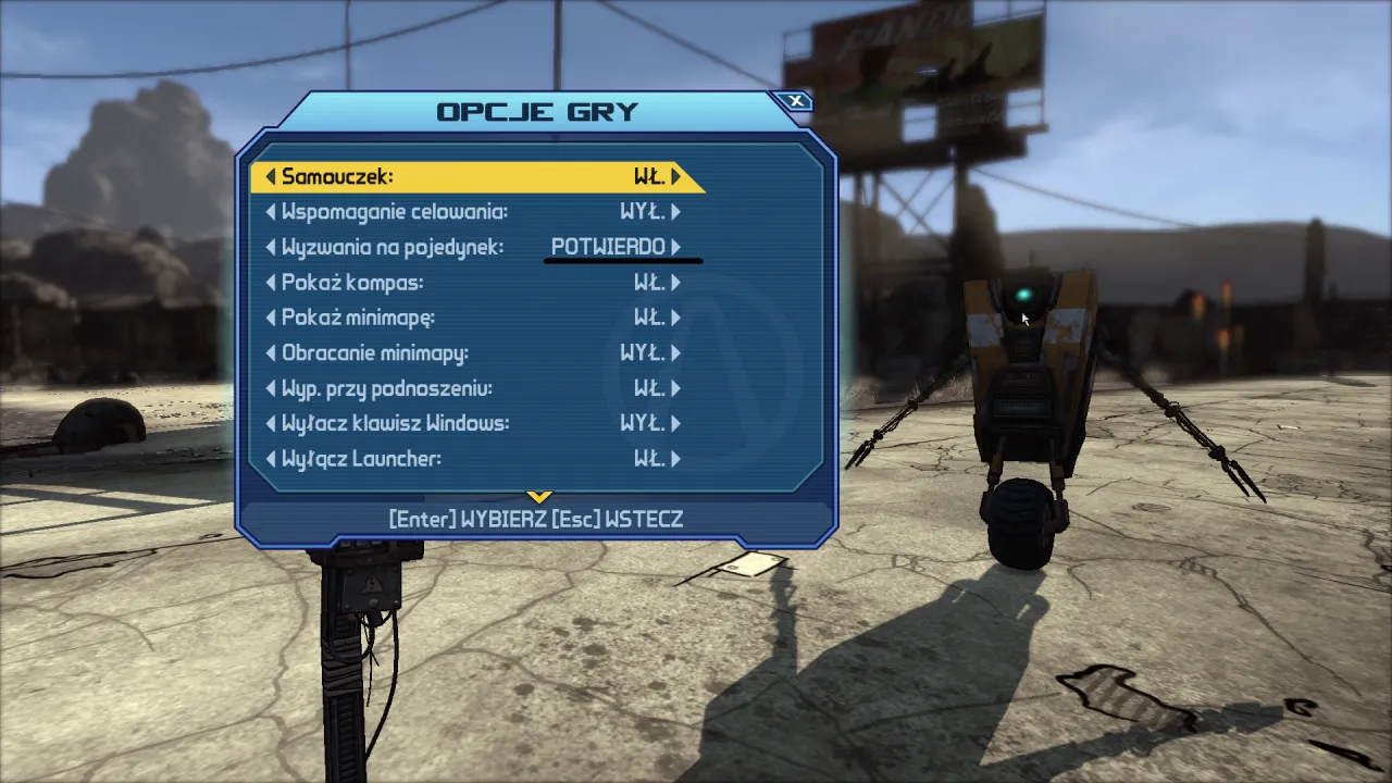 Menu opcji gry Borderlands po polsku. Claptrap czeka, aż gracz wybierze ustawienia.