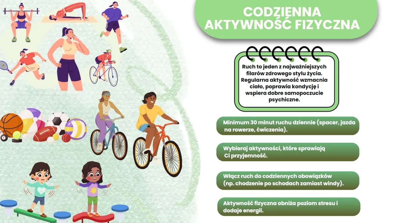 zdrowy styl życia infografika, zbilansowana dieta, sen, aktywność fizyczna