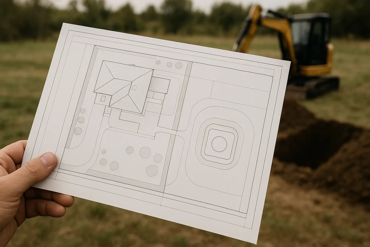 Plan domu z zaznaczonym miejscem na szambo. Czy budowa szamba wymaga pozwolenia na budowę? Koparka w tle sugeruje rozpoczęcie prac.