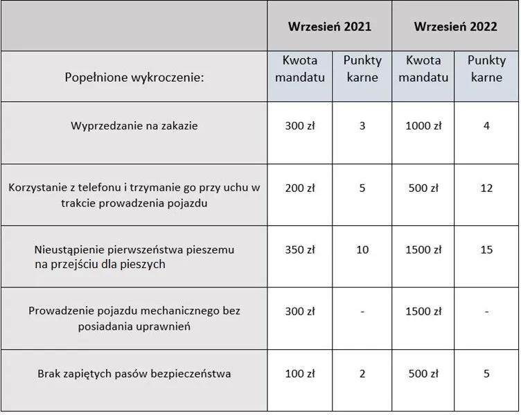 tabela por&oacute;wnująca limity punkt&oacute;w karnych dla młodych i doświadczonych kierowc&oacute;w