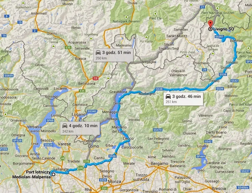 Mapa tras samochodowych Polska Livigno