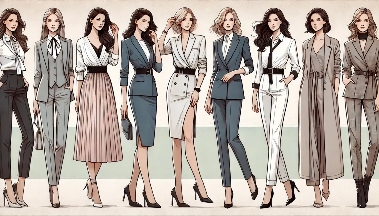 Kobiety w eleganckich strojach, prezentujące r&oacute;żne odsłony power dressing.