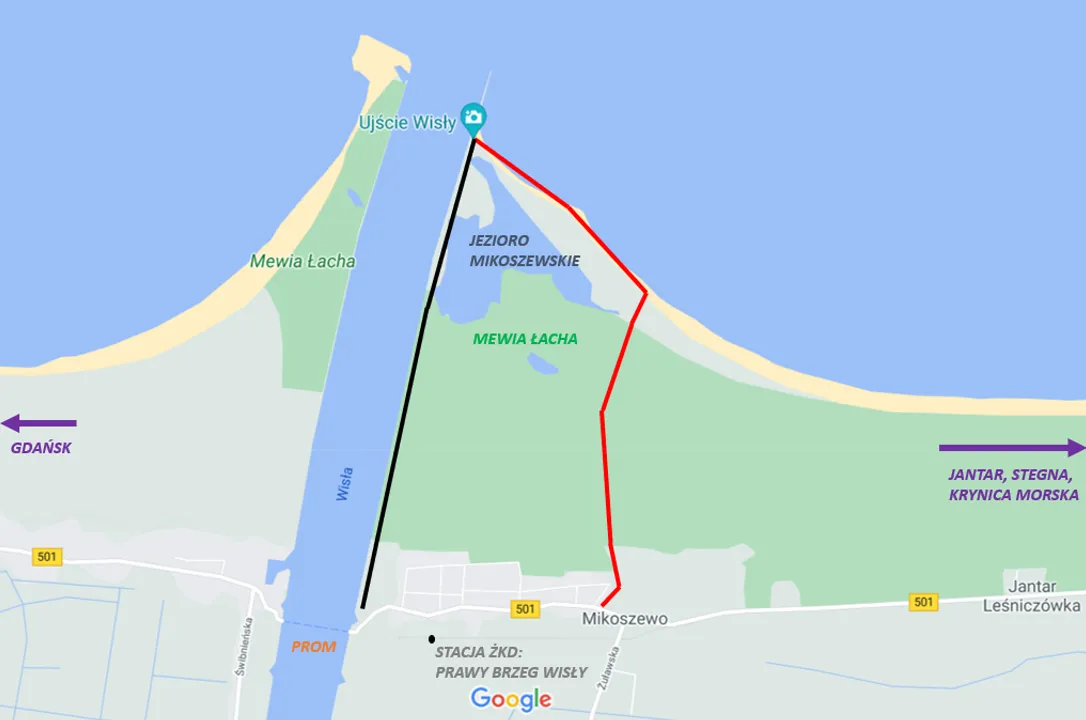 Mapa ujścia Wisły Mikoszewo Świbno