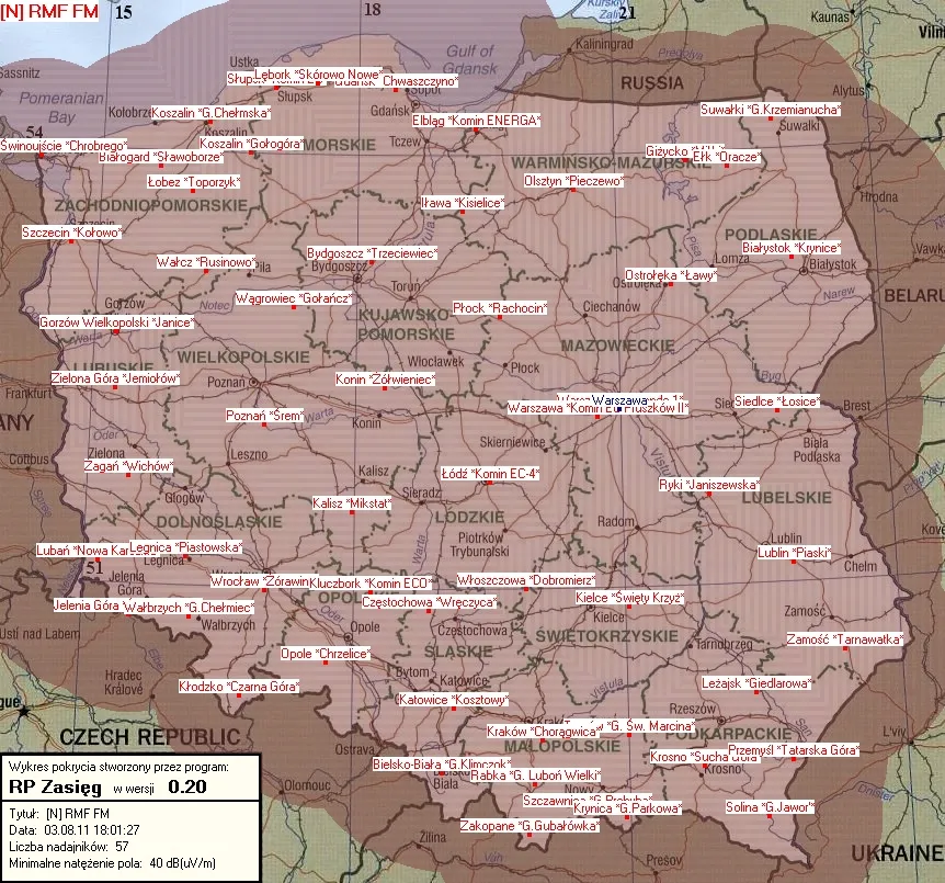 Mapa zasięgu RMF FM częstotliwości