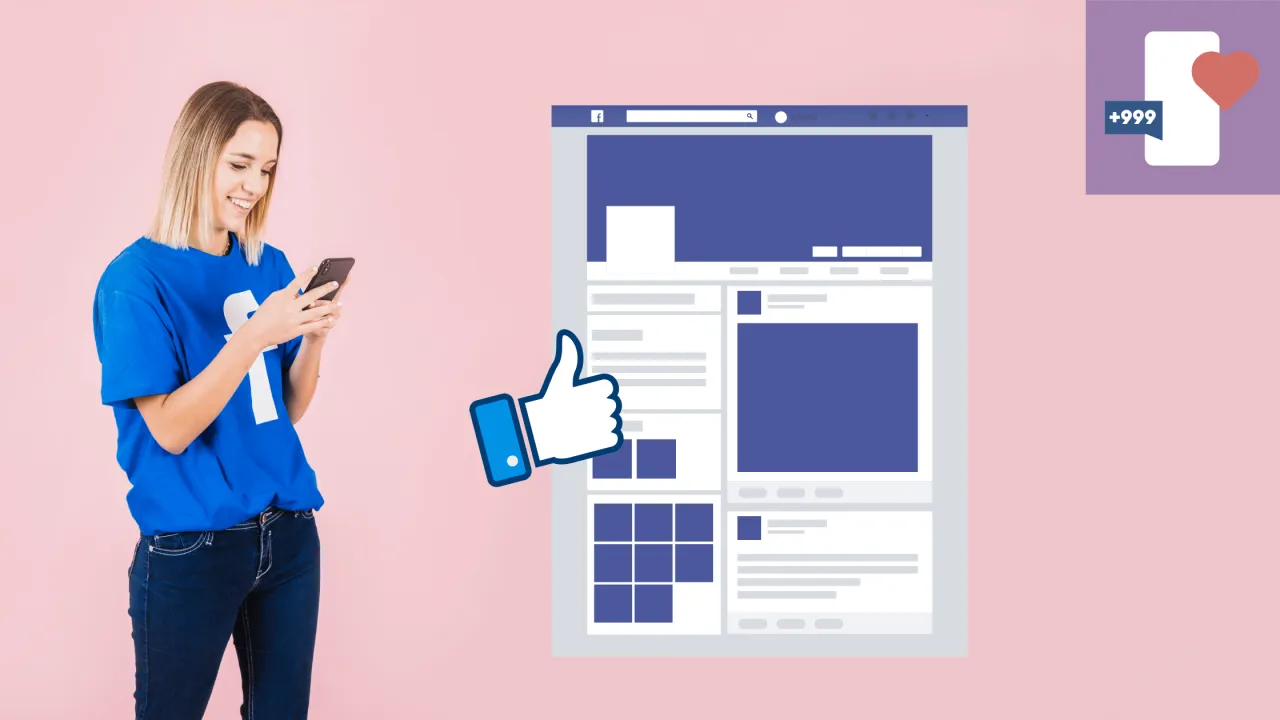 Uśmiechnięta dziewczyna z telefonem w ręku, obok grafika profilu Facebook i kciuk w górę. Dowiedz się, jak założyć bloga na Facebooku i zdobyć popularność.