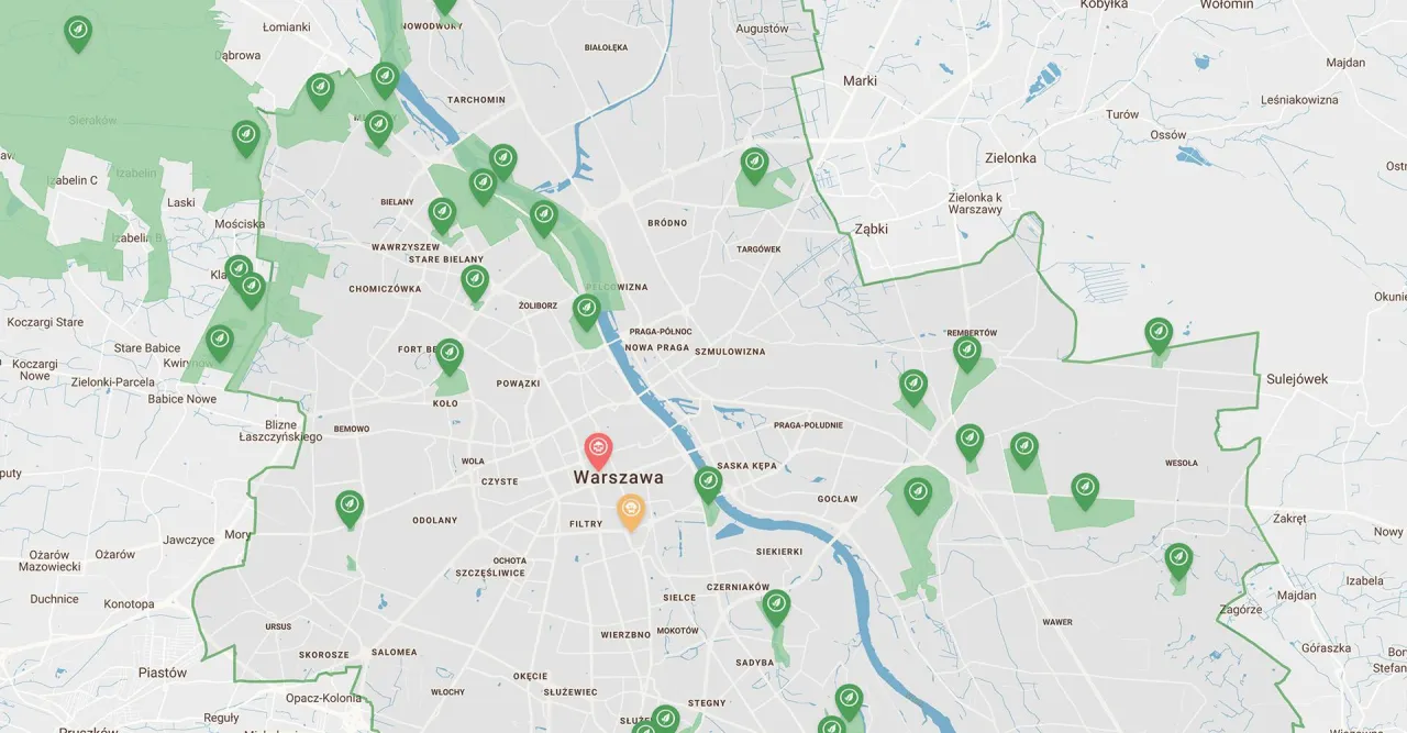Mapa z zaznaczonym obszarem 100 km wokół Warszawy z ikonami SPA