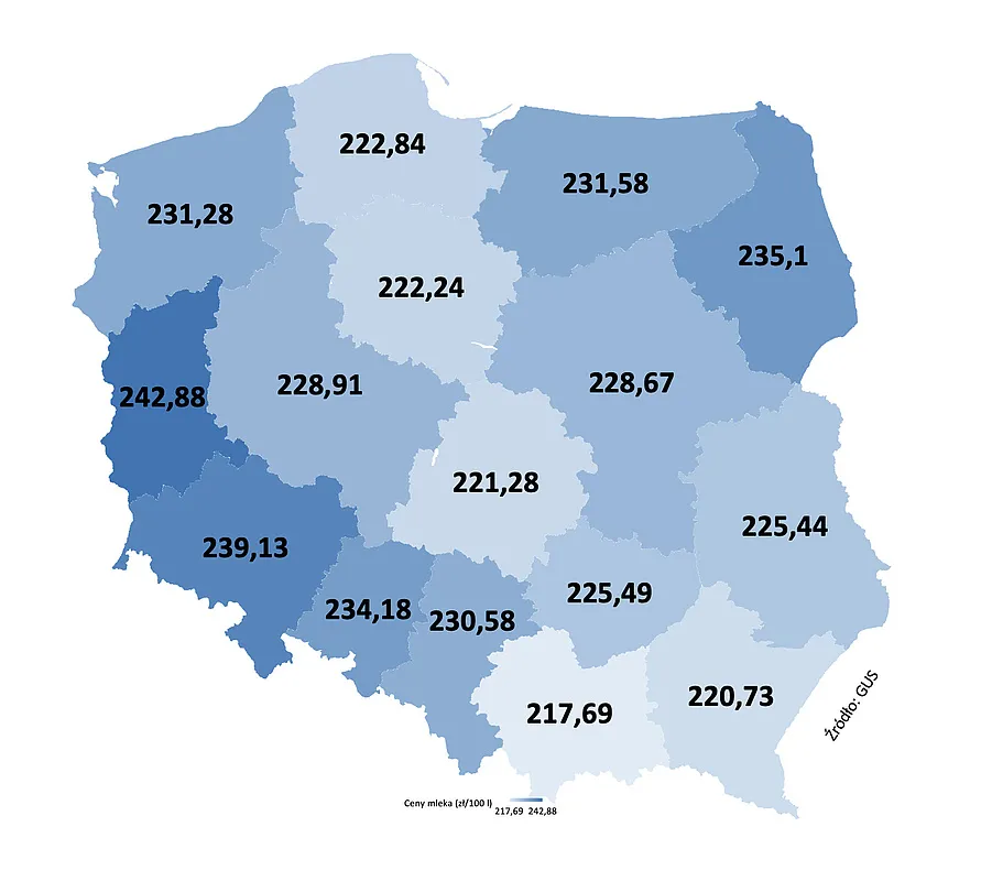 Mapa cen skupu mleka w Polsce wojew&oacute;dztwa