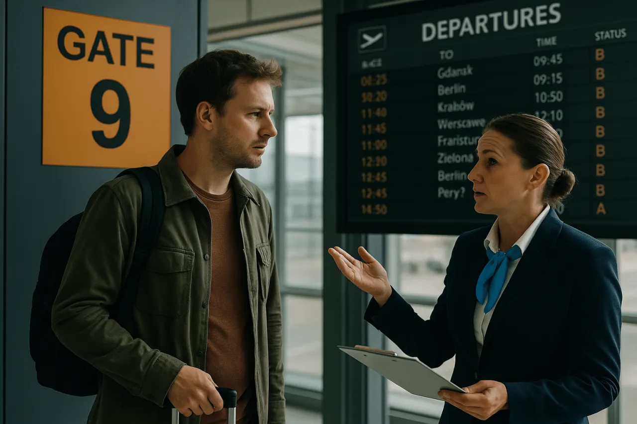 Niezadowolony pasażer przy tablicy odlot&oacute;w, dyskutuje z pracownicą lotniska o możliwym overbookingu i należnym odszkodowaniu.