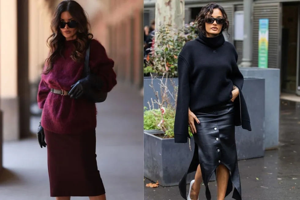 sweter i spódnica satynowa plisowana ołówkowa