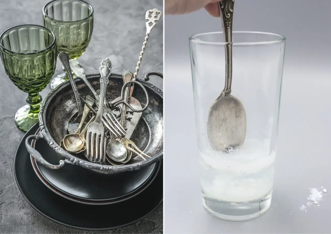 Zaśniedziałe srebro przed i po czyszczeniu