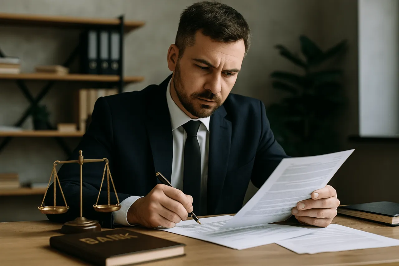 Prawnik analizuje dokumenty, by ustalić, kto nie może ogłosić upadłości konsumenckiej. Waga sprawiedliwości symbolizuje jego pracę.