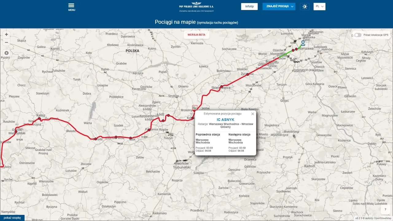 Mapa pokazuje trasę pociągu IC ASNYK z Warszawy Wschodniej do Wrocławia Głównego. Gdzie jest pociąg IC? Aktualnie jest w okolicach Łodzi.