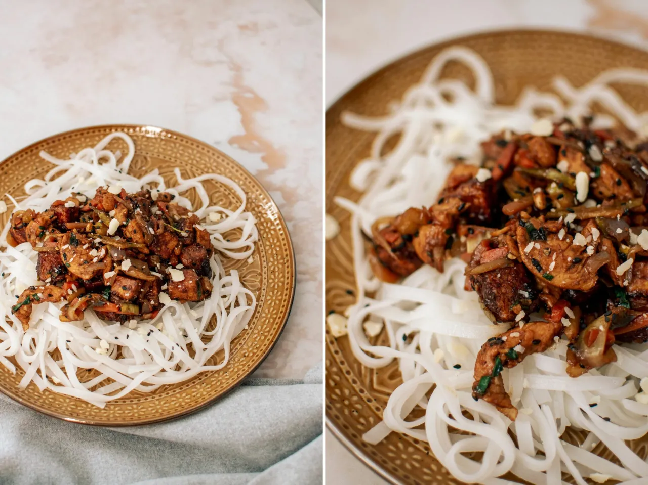Proste danie z makaronem ryżowym, z kawałkami kurczaka i warzywami w sosie, posypane sezamem i płatkami migdałów.