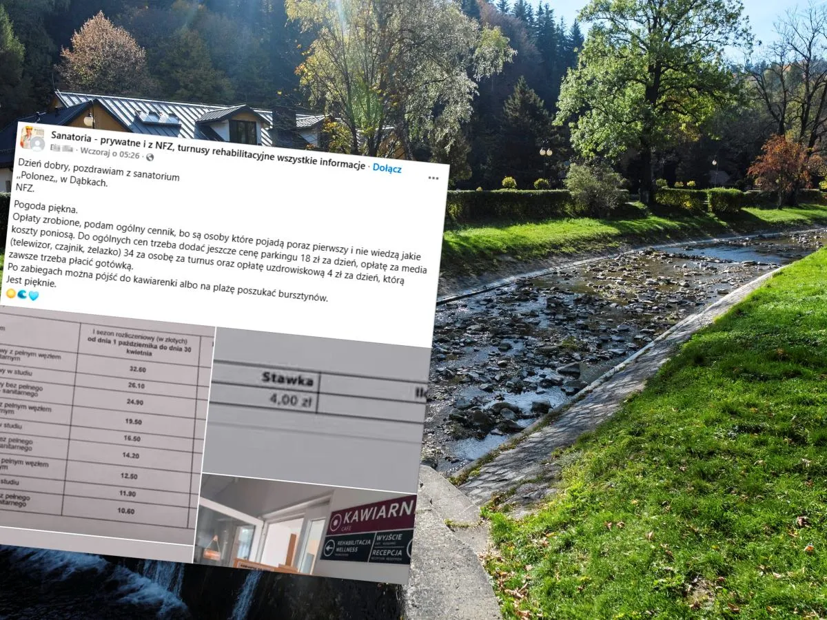 Sanatorium podaje ceny, ile kosztuje pobyt w sanatorium na NFZ. Wpis informuje o dodatkowych opłatach, np. za parking.