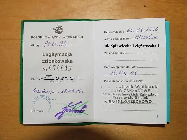 karta wędkarska dokument przykład