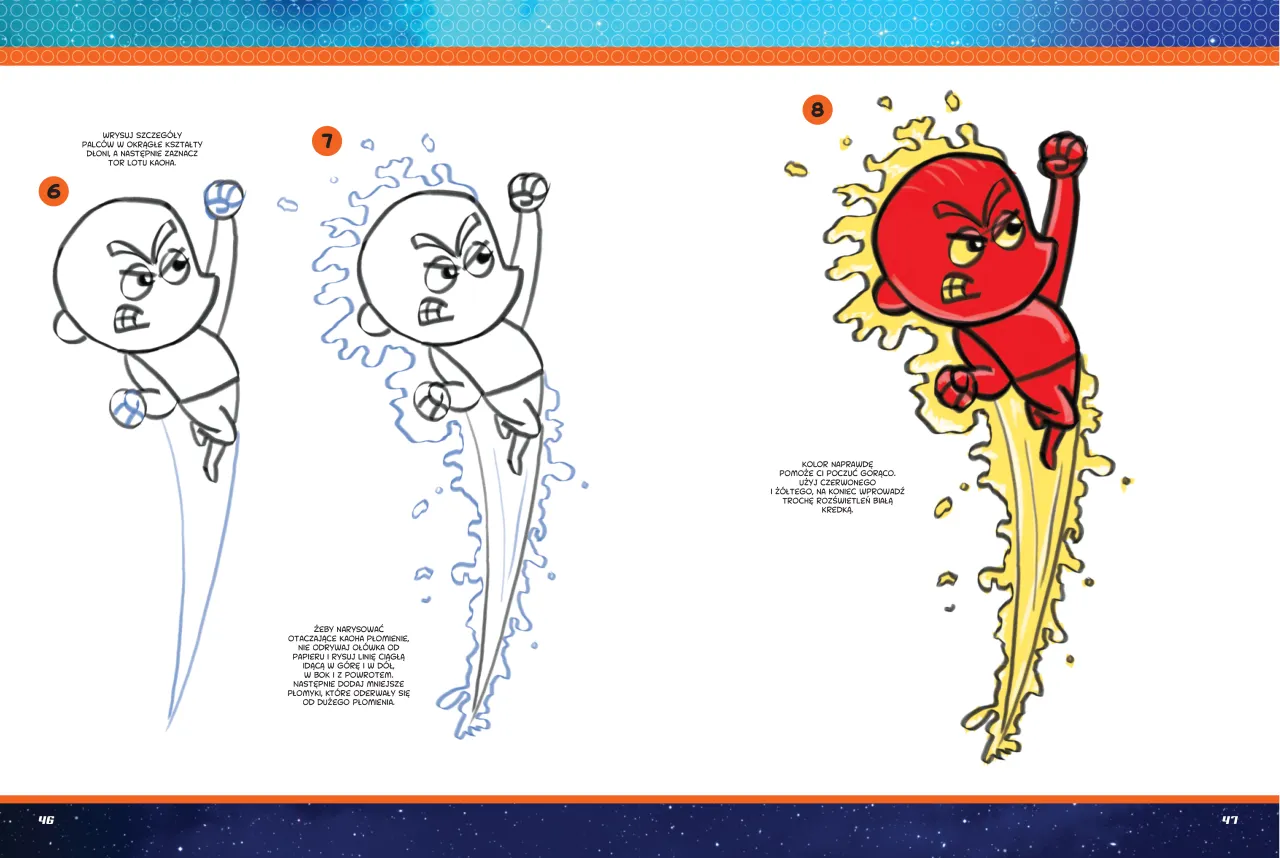 Instrukcja, jak stworzyć komiks na kartce: rysowanie postaci w locie, dodawanie płomieni i kolorowanie.