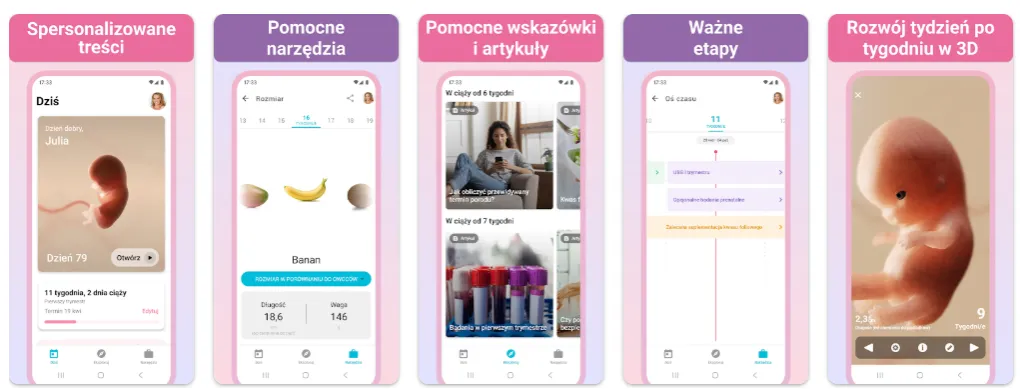 Kobieta w ciąży przeglądająca książkę o rozwoju dziecka lub aplikację ciążową