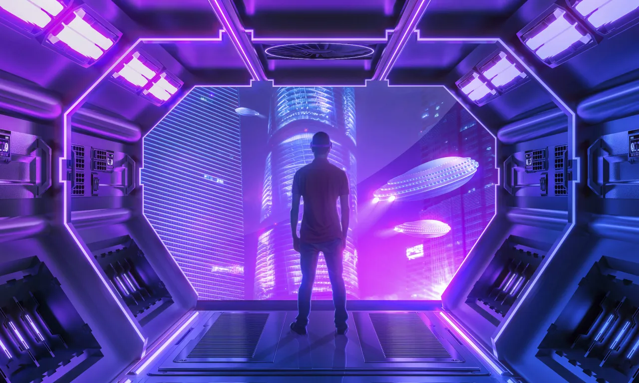 Człowiek w okularach VR patrzy na futurystyczne miasto. Czy to meta, co to znaczy?