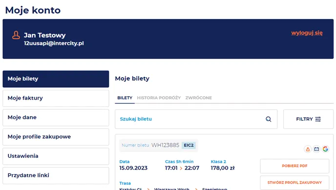 Interfejs systemu e-IC PKP Intercity wymiana biletu