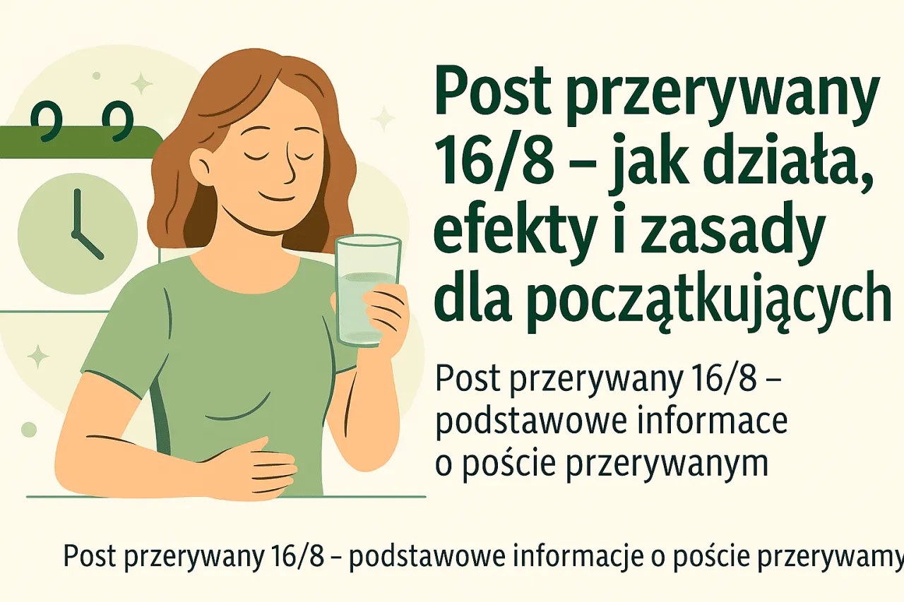 Kobieta z uśmiechem trzyma szklankę wody, obok kalendarz. Ilustracja przedstawia zasady postu przerywanego 16/8 dla początkujących.