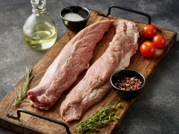 surowa polędwiczka wieprzowa na desce do krojenia