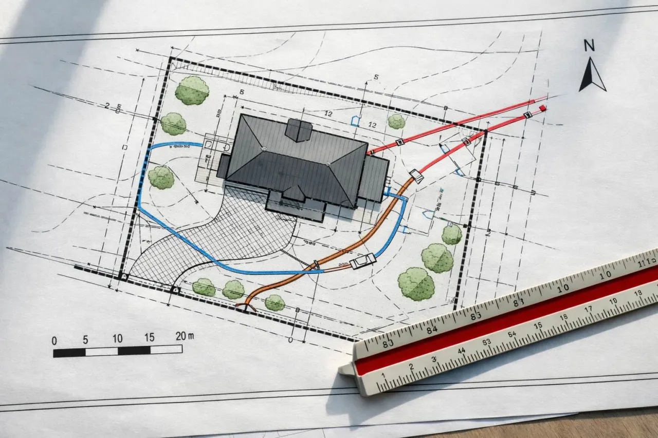 Projekt domu z drogą dojazdową i przyłączami. Czy utwardzenie terenu wymaga pozwolenia na budowę? Skala 1:200.