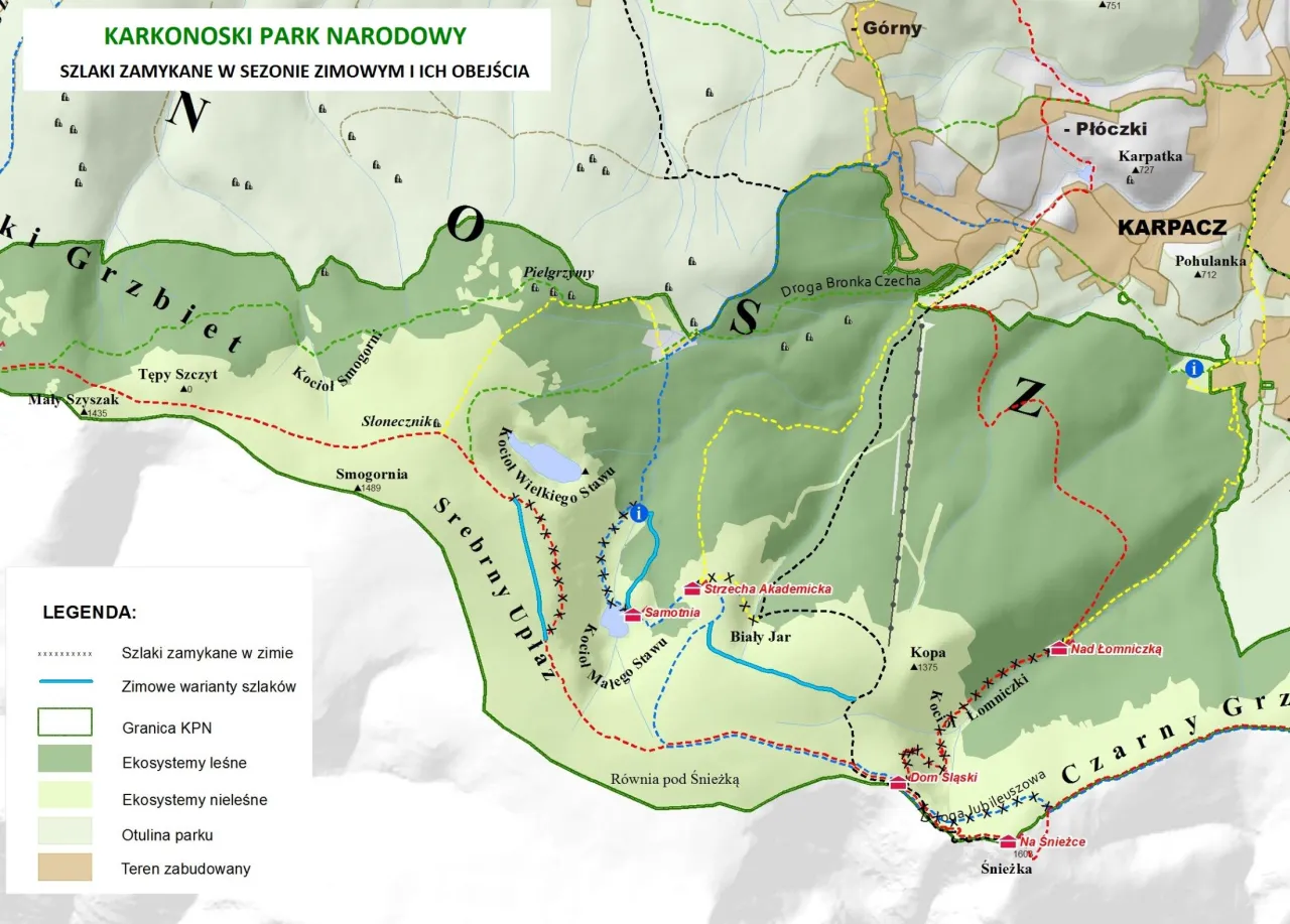 Mapa szlaków Karkonosze zamknięte zimą