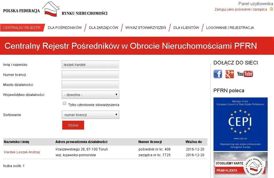 Centralny Rejestr Pośredników PFRN zrzut ekranu