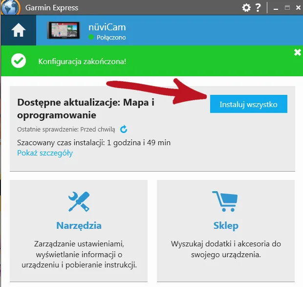 zrzut ekranu aplikacji Garmin Express z widocznym urządzeniem i opcją aktualizacji