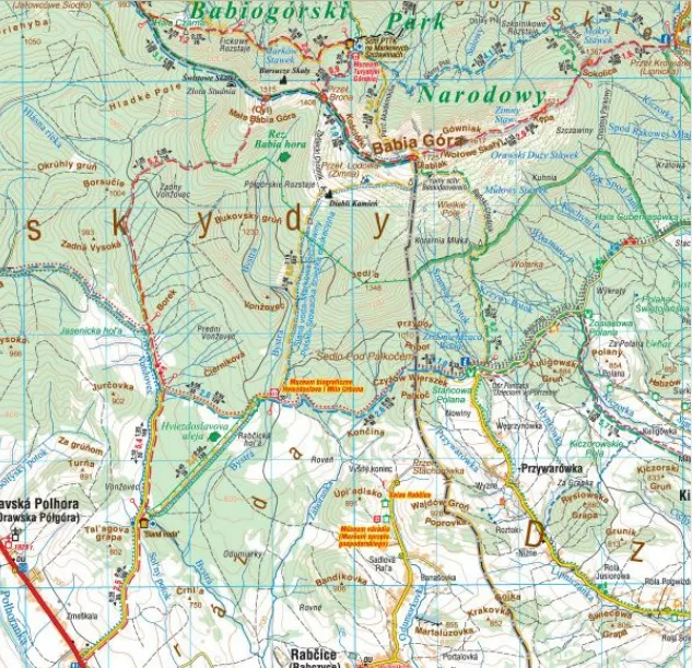 Mapa szlak&oacute;w Babiej G&oacute;ry z czasami przejścia