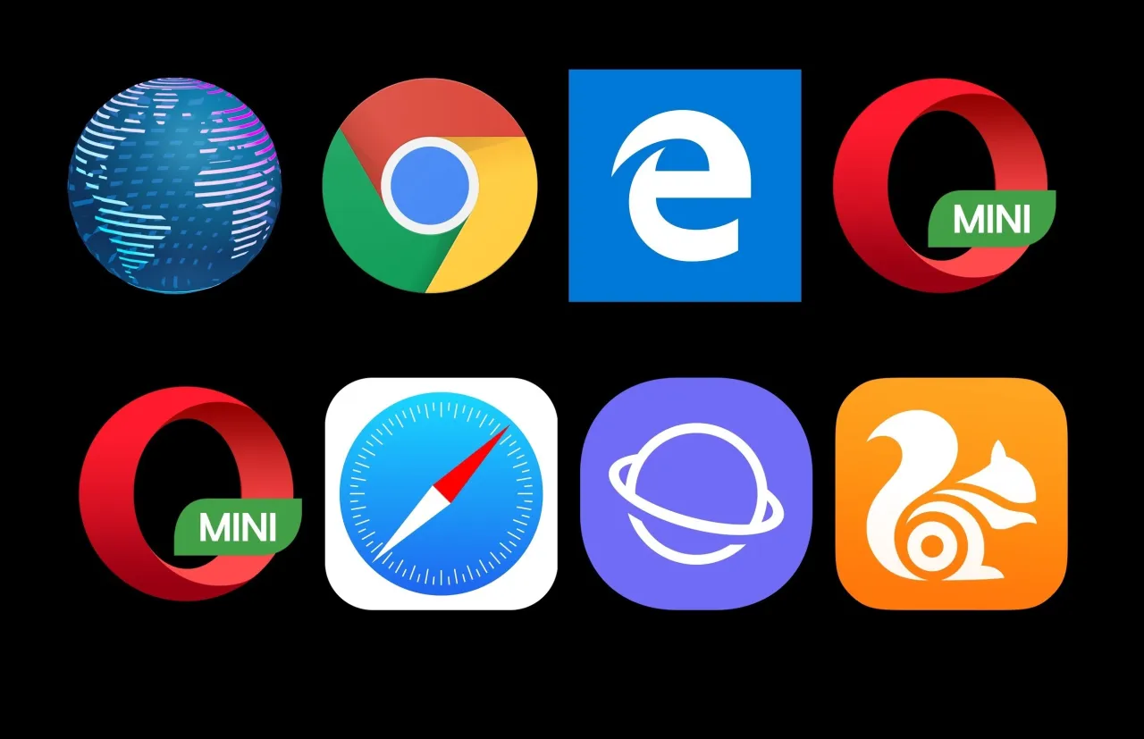 Ikony popularnych przeglądarek na Androida: Opera, Chrome, Edge, Opera Mini, Safari, Samsung Internet, UC Browser. Jaka przeglądarka na Androida?