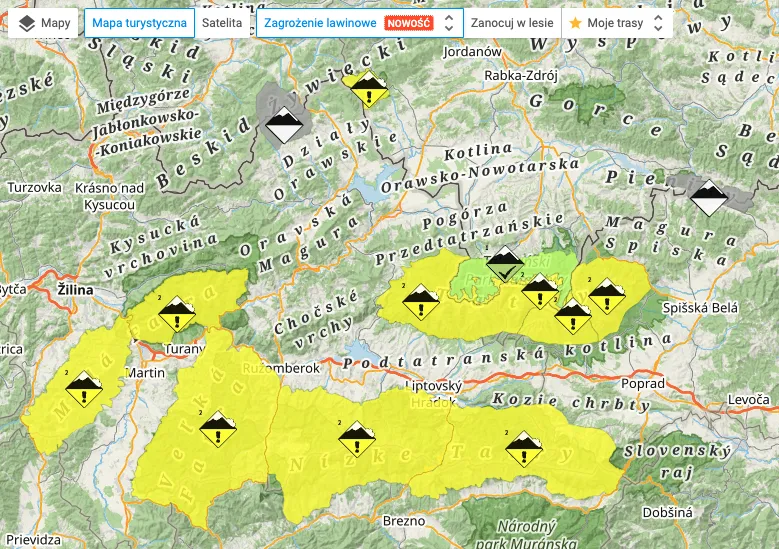 Komunikat lawinowy TOPR mapa Tatry