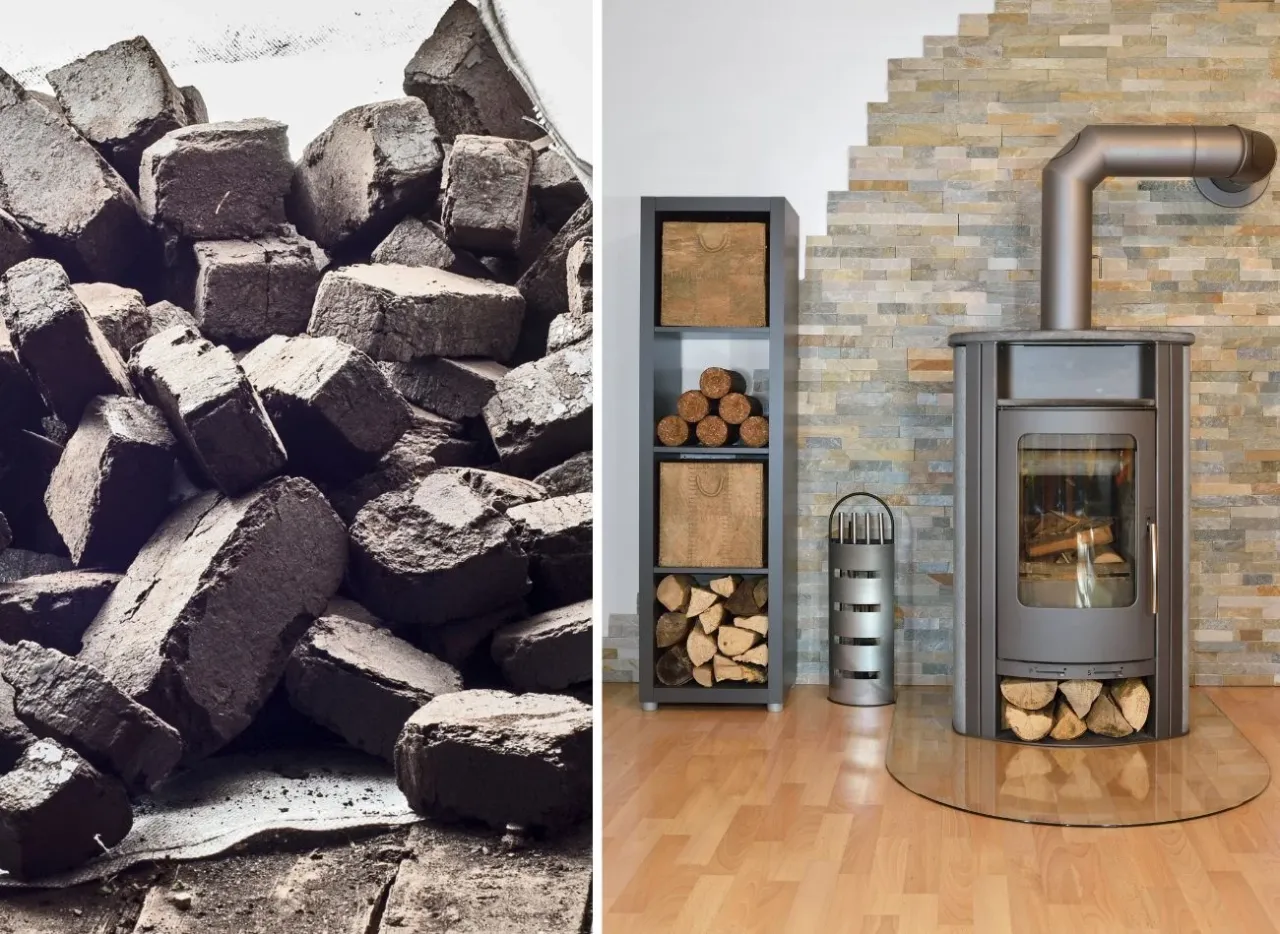 Stos torfu i kominek z drewnem. Co lepsze brykiet torfowy czy drzewny? Wybór paliwa do ogrzewania.