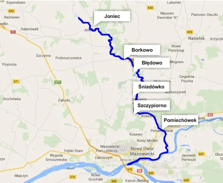 Mapa rzek kajakowych Mazowsze