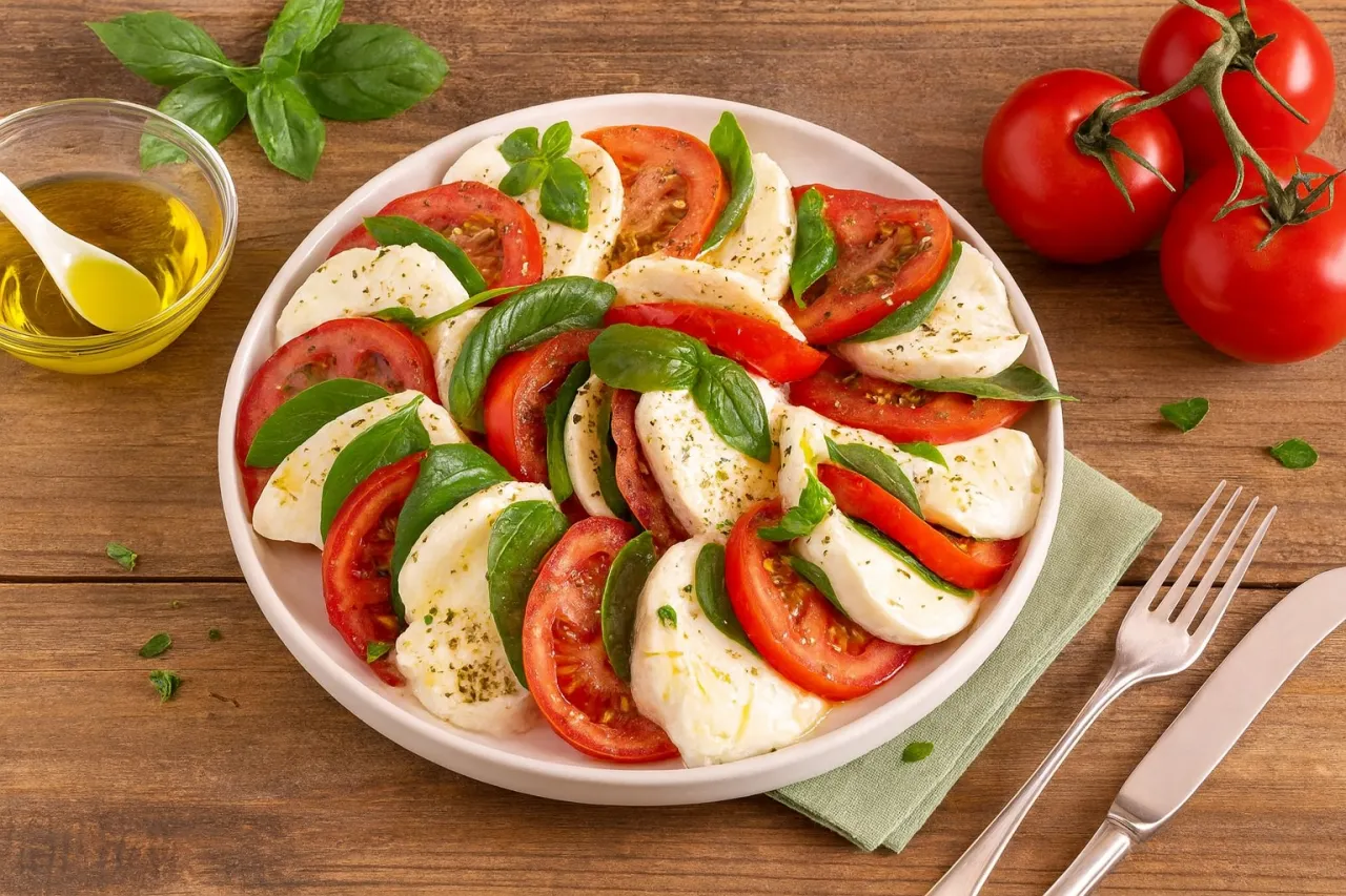 Auswahl frischer Zutaten Tomate Mozzarella Basilikum Oliven&ouml;l