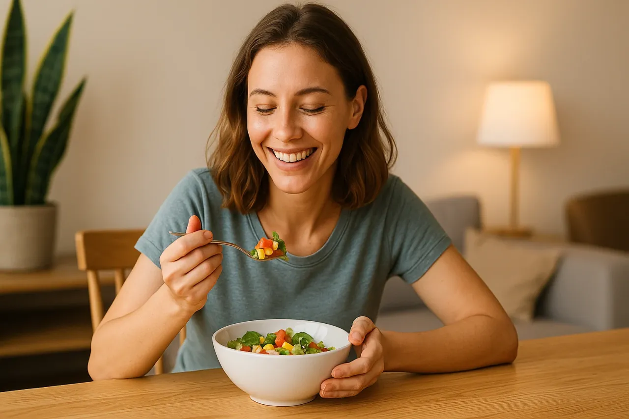 Osoba uśmiechnięta jedząca zdrowy posiłek, symbolizująca odzyskanie r&oacute;wnowagi