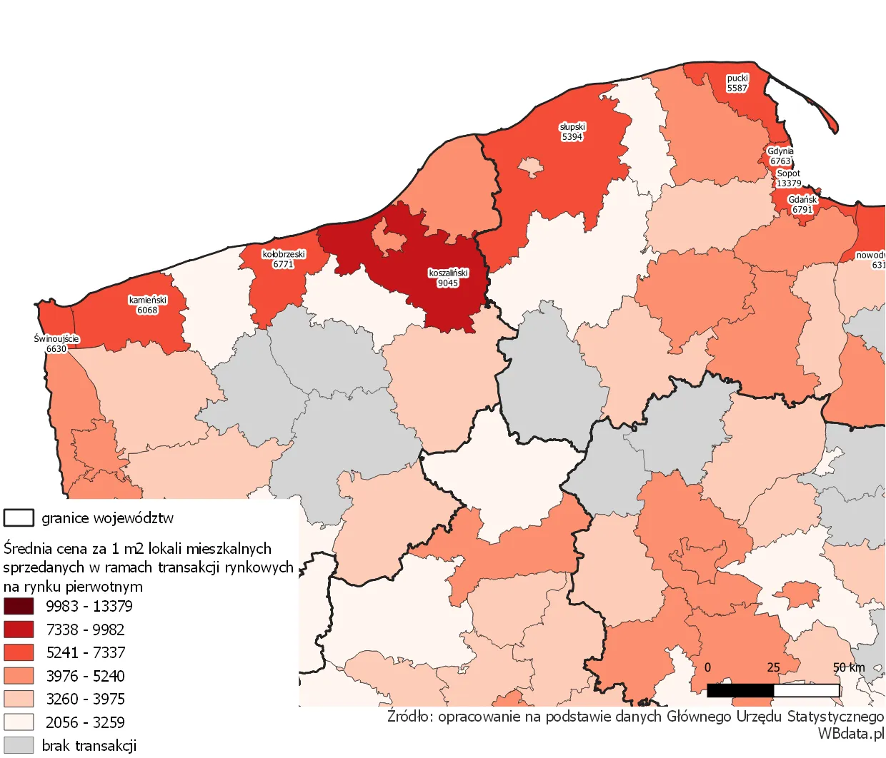 Mapa Polski z zaznaczonymi średnimi cenami wynajmu lokali użytkowych w miastach
