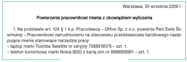 mienie powierzone pracownikowi przykłady
