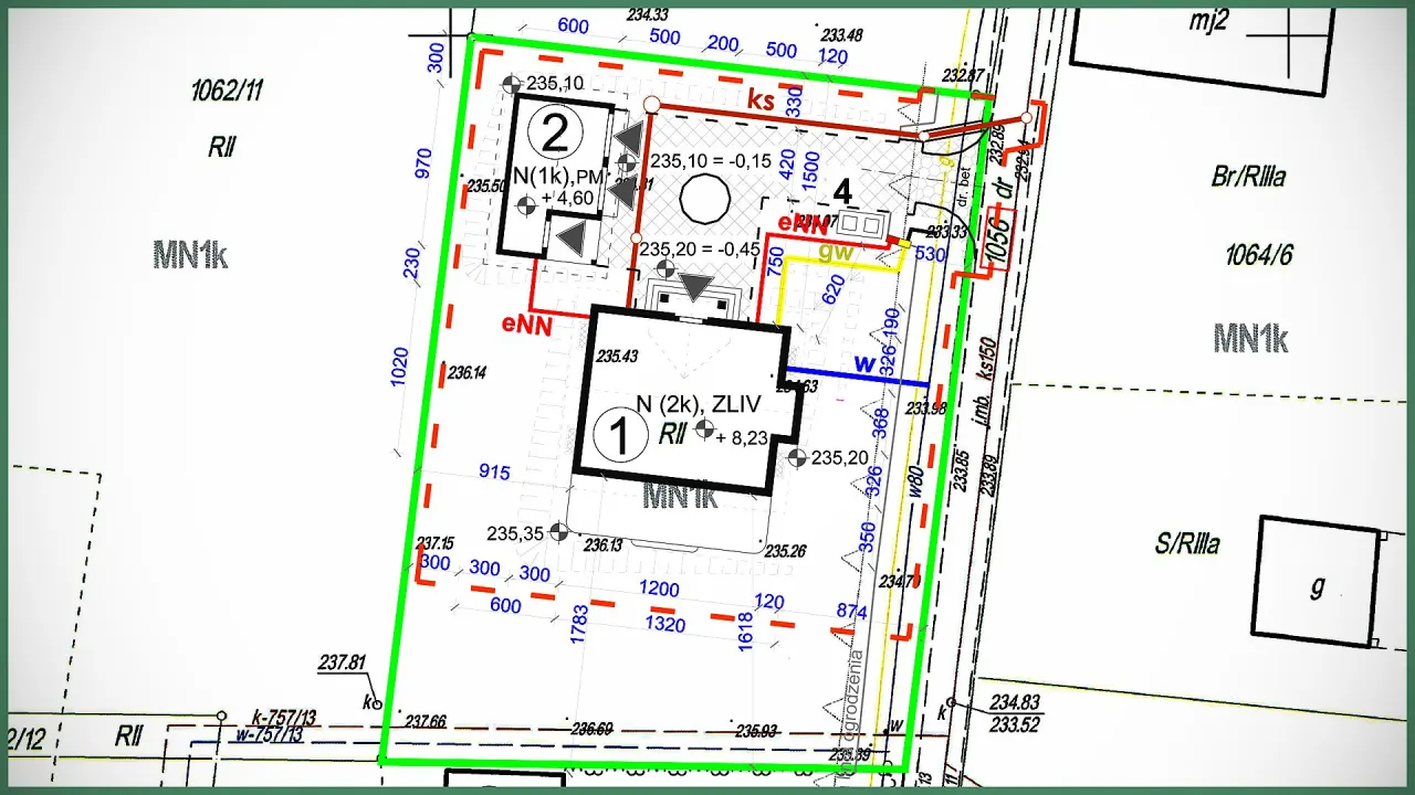 Plan sytuacyjny z zaznaczonymi budynkami i przyłączami, wskazujący, kiedy nie można budować przydomowej oczyszczalni.
