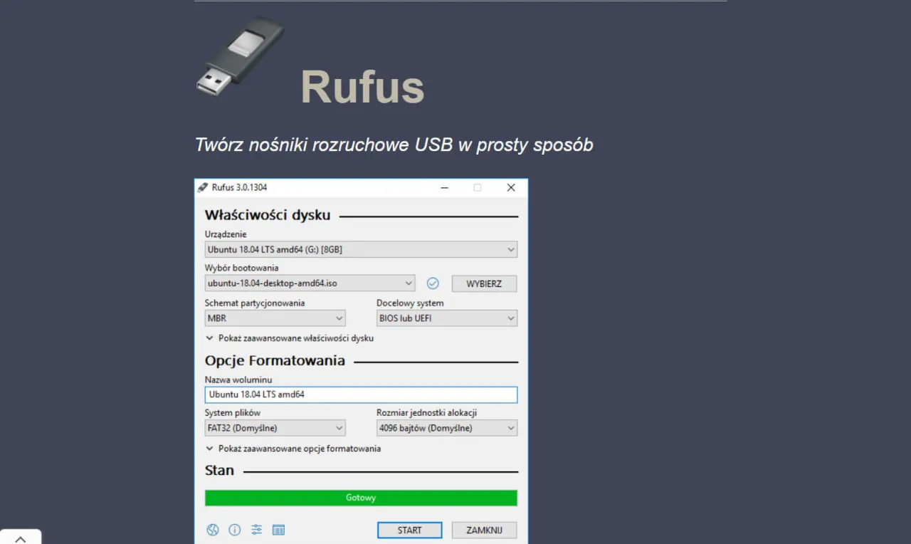 tworzenie bootowalnego pendrive'a narzędzia rufus media creation tool