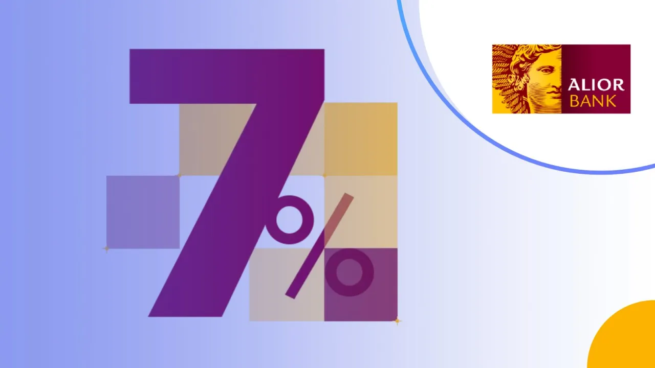 Sprawdź, jakie jest oprocentowanie lokat w Alior Bank. Duża cyfra 7% na tle geometrycznych kształt&oacute;w i logo banku.