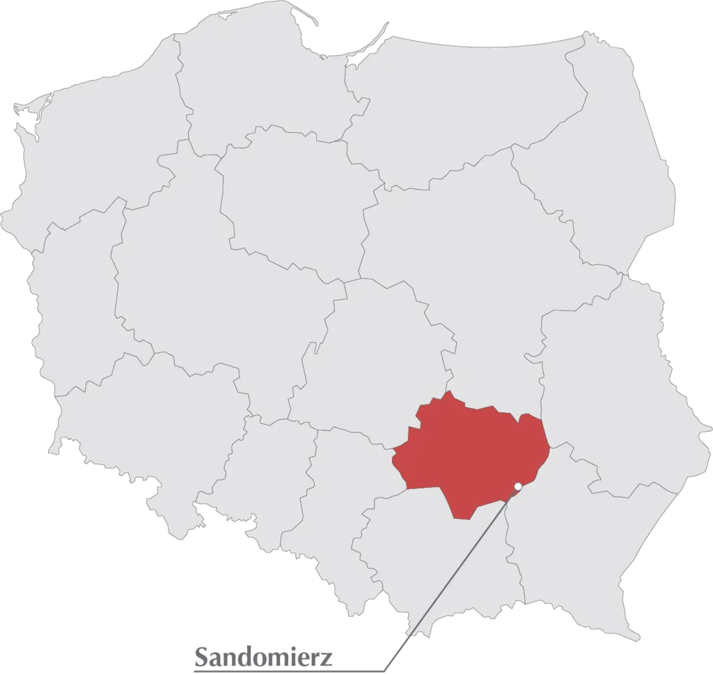 Mapa Polski z zaznaczonym Sandomierzem