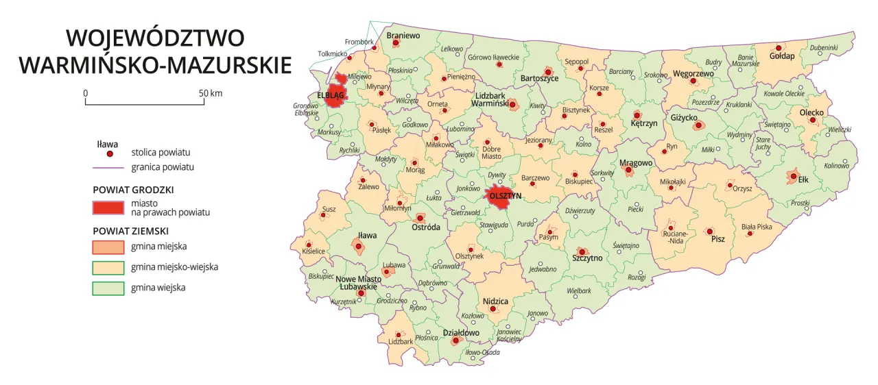 Mapa administracyjna Polski podział na powiaty i miasta na prawach powiatu