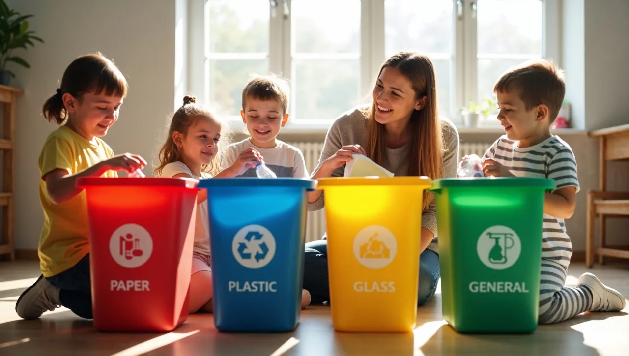 Dziecko segregujące śmieci z rodzicem, kolorowe pojemniki