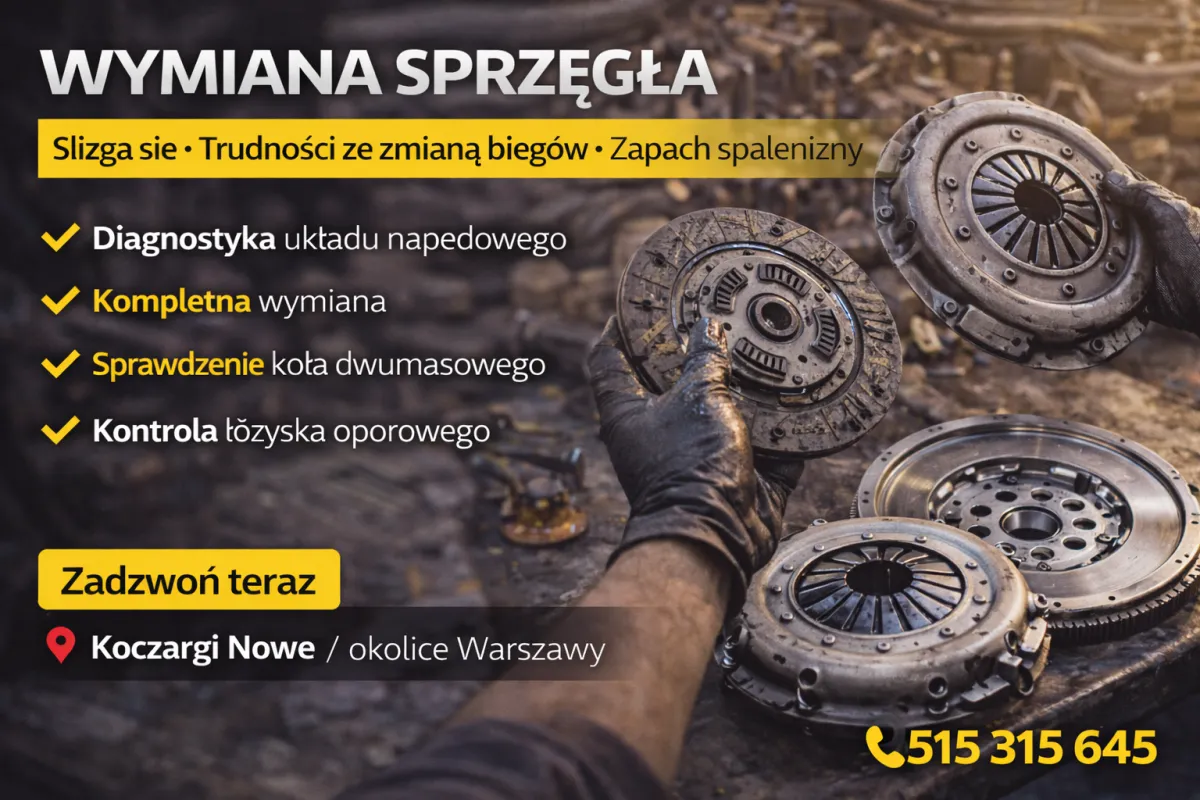 Zepsute sprzęgło objawy: ślizganie, trudności ze zmianą bieg&oacute;w, zapach spalenizny. Diagnostyka i wymiana w Koczarach Nowych.