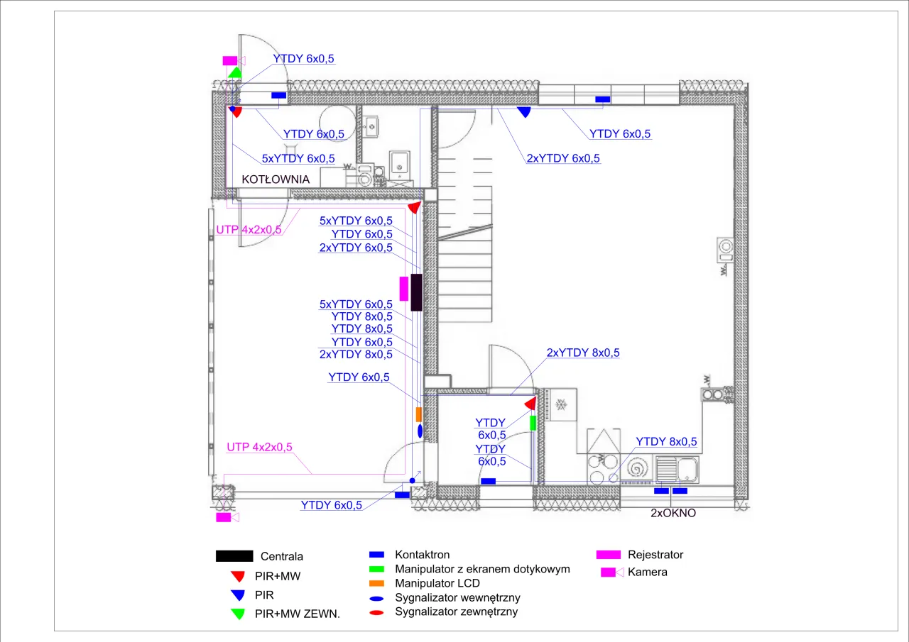 Schemat pokazuje, jak rozprowadzić alarm w domu: centralę, czujniki PIR, kontaktrony i sygnalizatory.